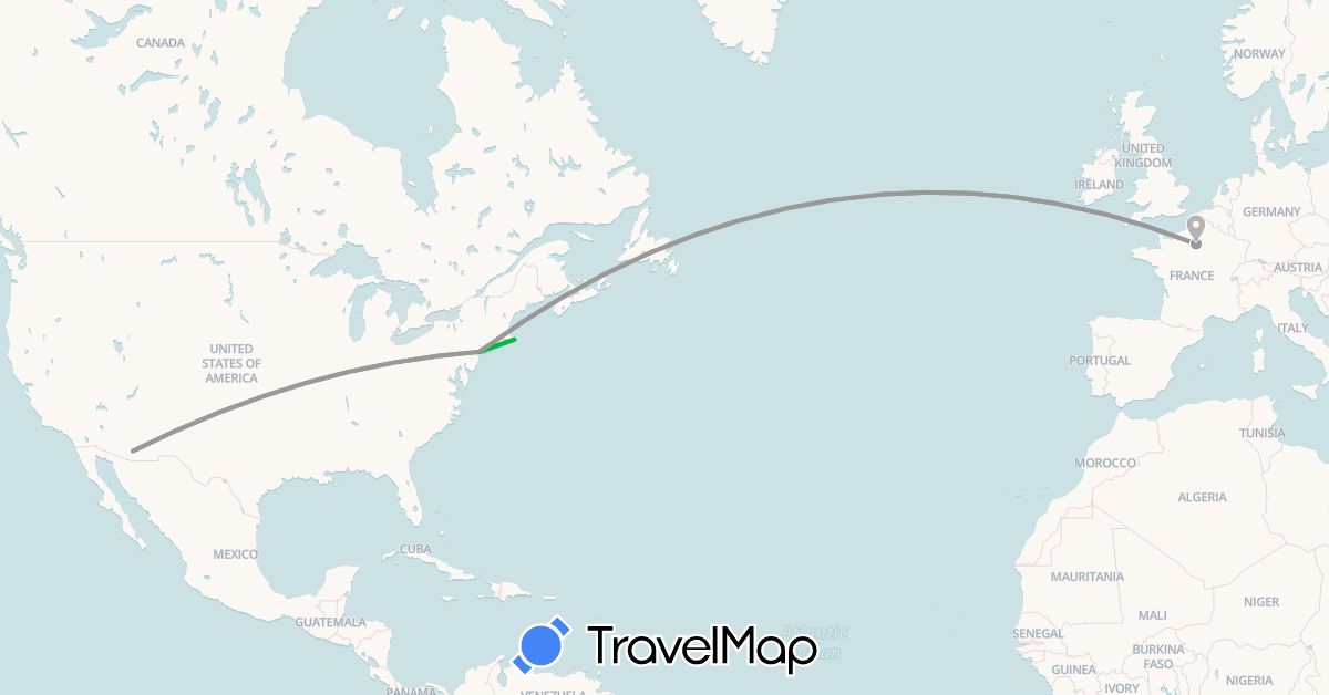 TravelMap itinerary: bus, plane in France, United States (Europe, North America)
